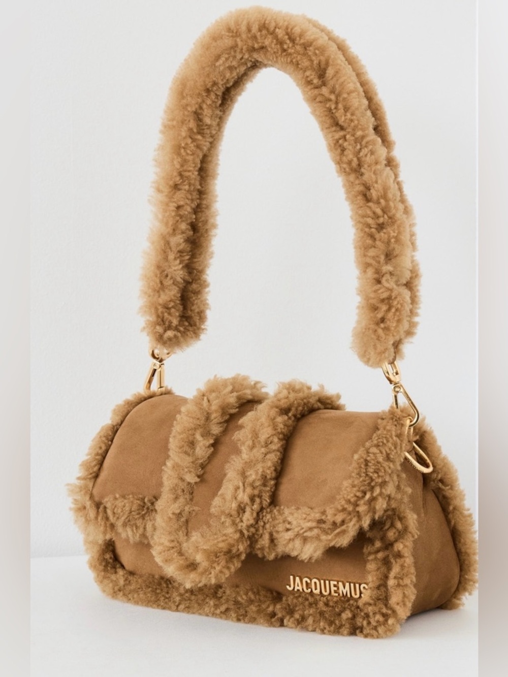 Jacquemus Camel Shearling-Trim Le Petit Bambimou Doux Shoulder Bag